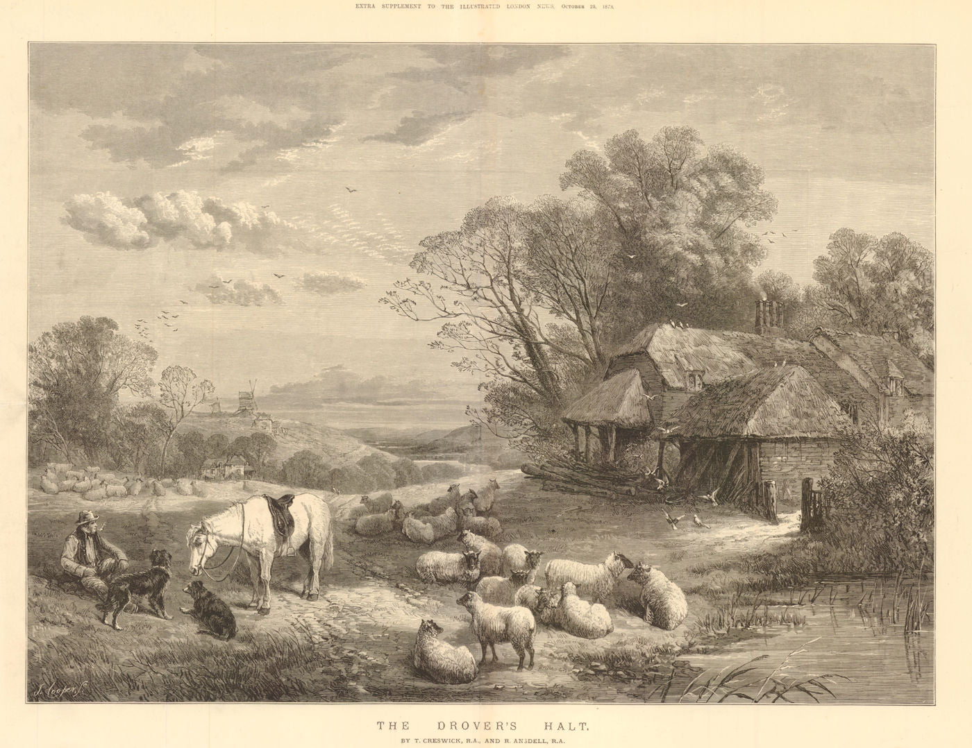 The Drover's Halt, by T Creswick & R Ansdell. Sheep 1873 old antique print